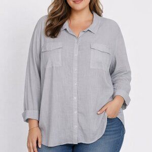 Amaryllis Plus 2XL Gray Linen‎ Cotton Button Front Pocket Shirt Blouse Top